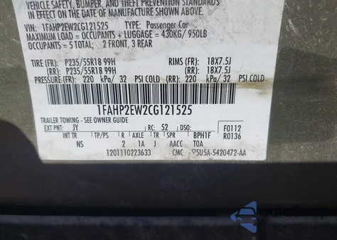 2012 Ford Taurus Sel z USA, uszkodzony, nr VIN 1FAHP2EW2CG121525